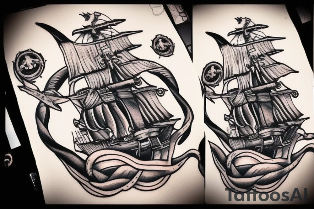 pirate ship with kraken coming up from the bottom of the ship tattoo idea