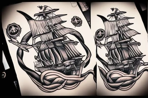 pirate ship with kraken coming up from the bottom of the ship tattoo idea