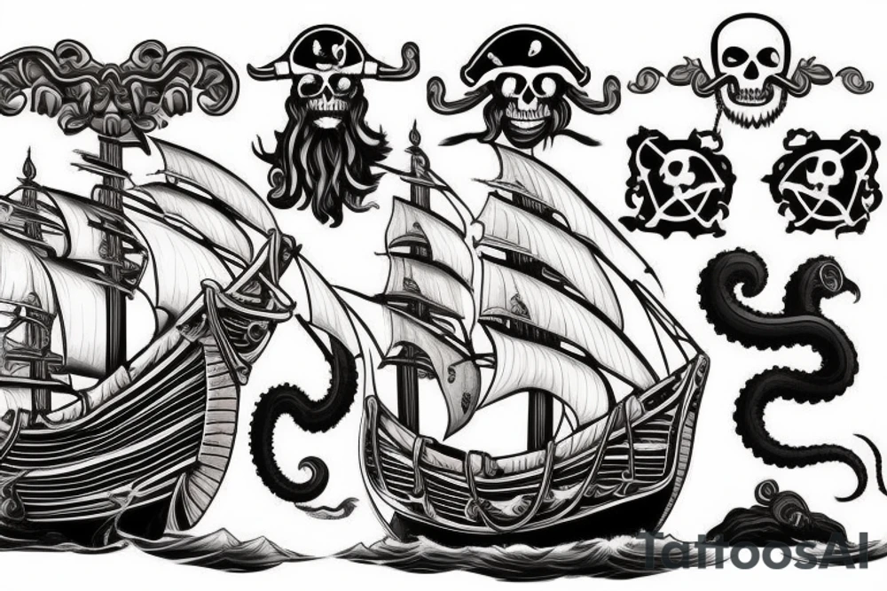 traditional style pirate ship with kraken coming up from the bottom of the ship tattoo idea