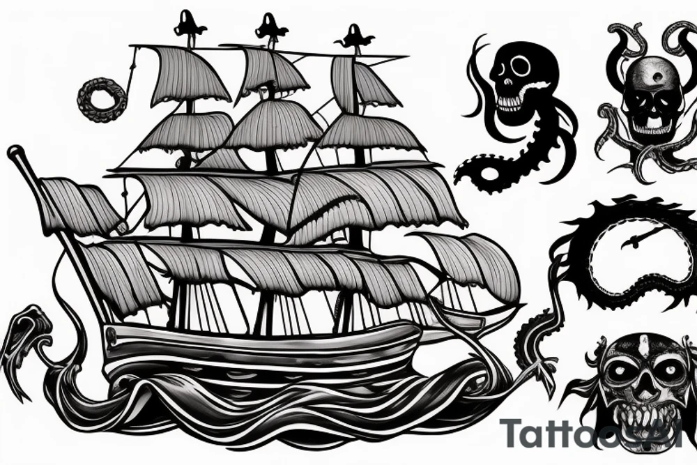 traditional style pirate ship with kraken coming up from the bottom of the ship tattoo idea