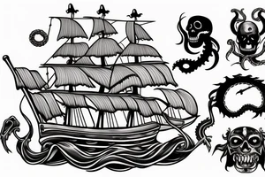 traditional style pirate ship with kraken coming up from the bottom of the ship tattoo idea