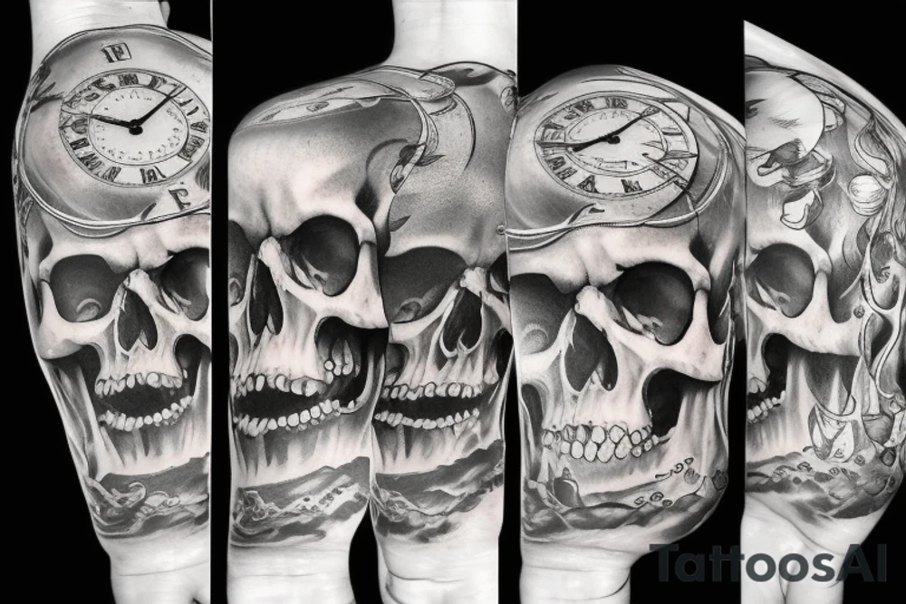 Human skull, water, forrest, wizzard, time clock tattoo idea