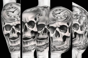 Human skull, water, forrest, wizzard, time clock tattoo idea