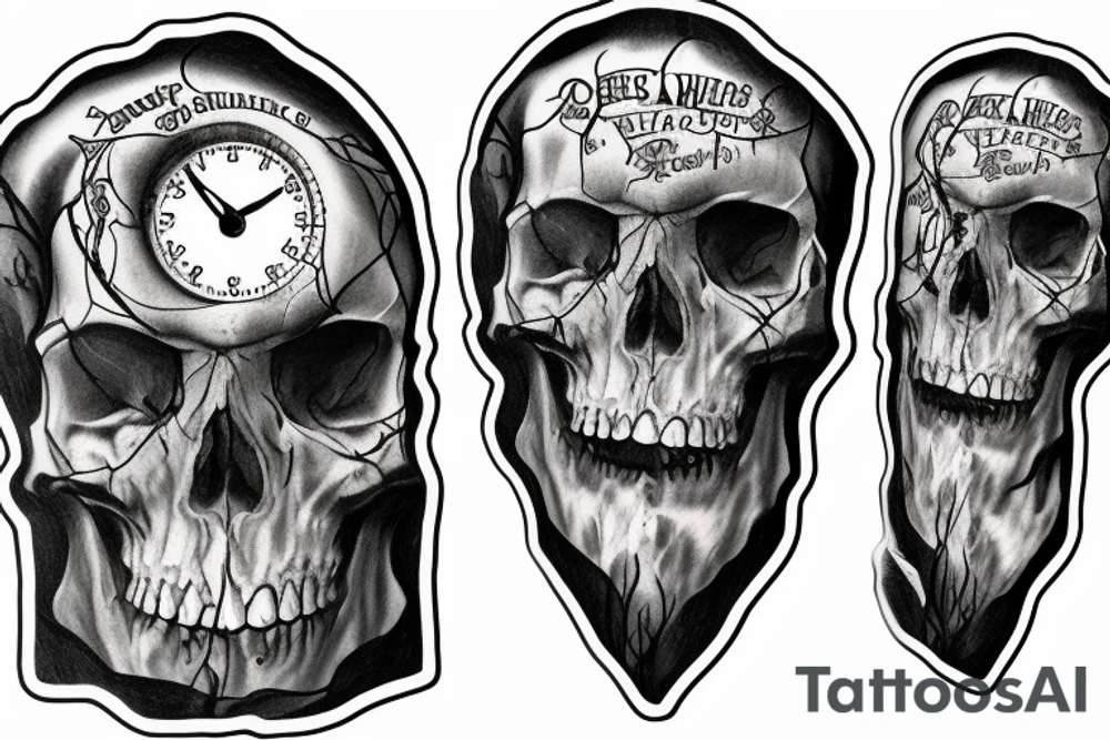Human skull, water, forrest, wizzard, time clock tattoo idea