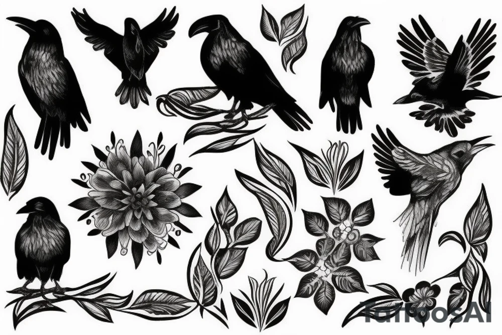 raven with floral designs black and white tattoo idea