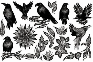 raven with floral designs black and white tattoo idea