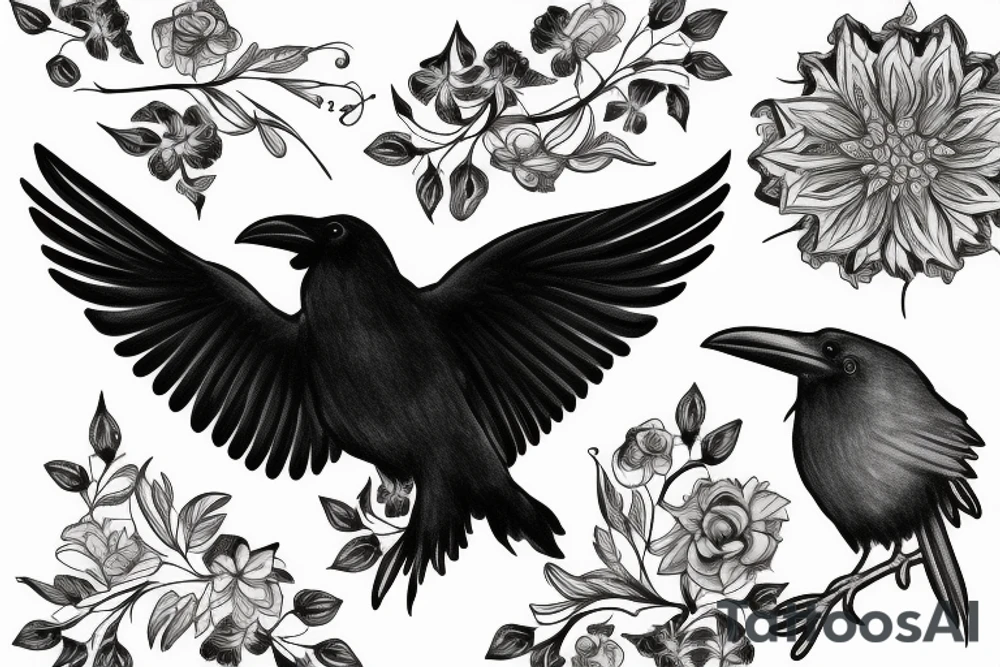 raven with floral designs black and white tattoo idea