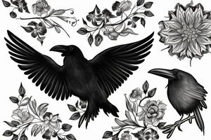 raven with floral designs black and white tattoo idea