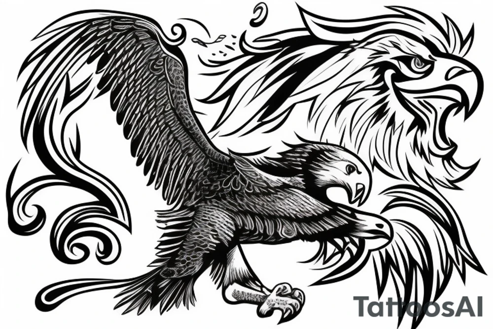 A eagle carrying a lion with super powers tattoo idea