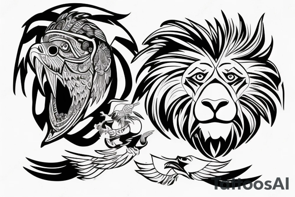 A eagle carrying a lion with super powers tattoo idea