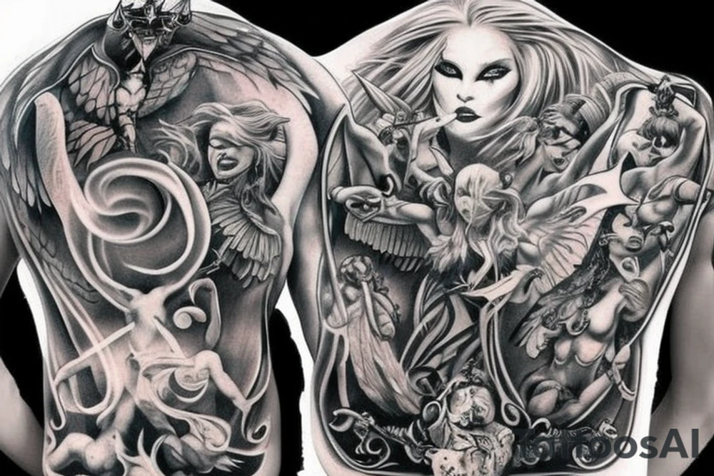 Fight Devil  and Angel full back tattoo idea