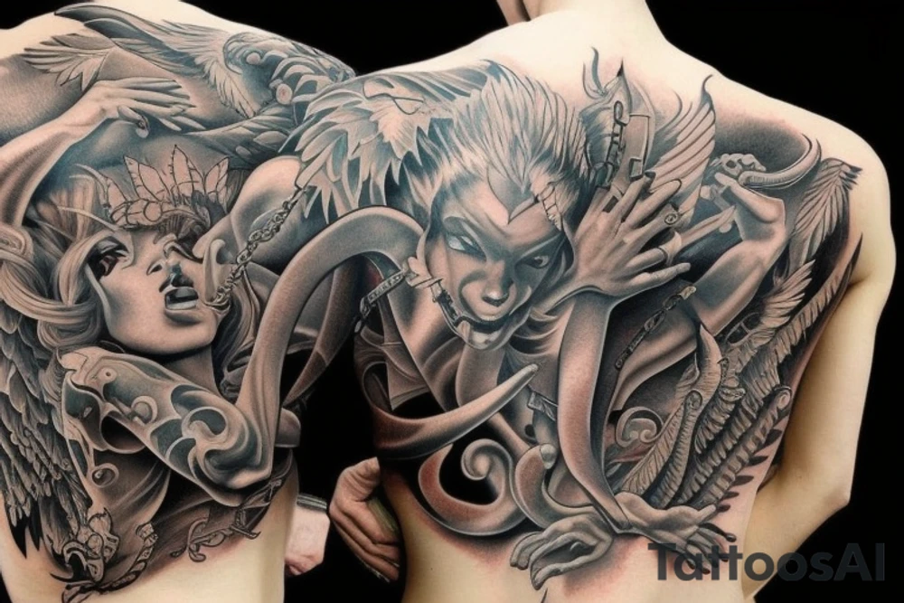 Fight Devil  and Angel full back tattoo idea