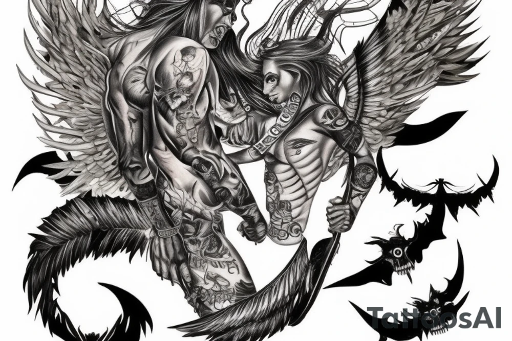 War angel and demon on back tattoo idea