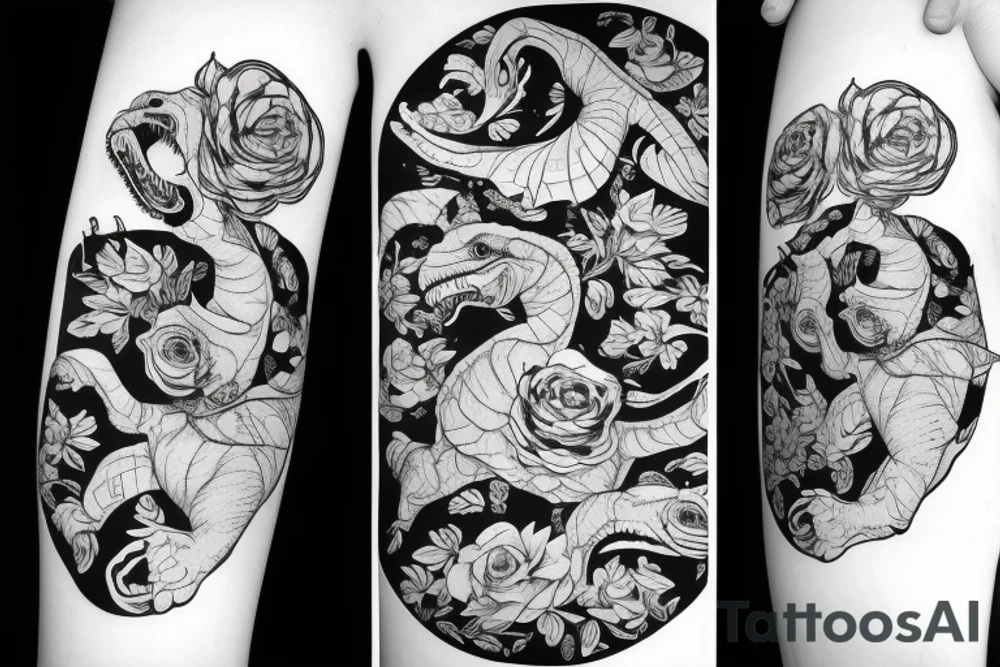 t-rex, flower, in arm tattoo idea