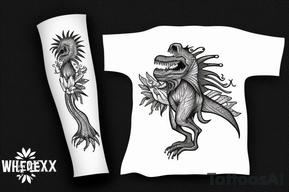 t-rex, flower, in arm tattoo idea