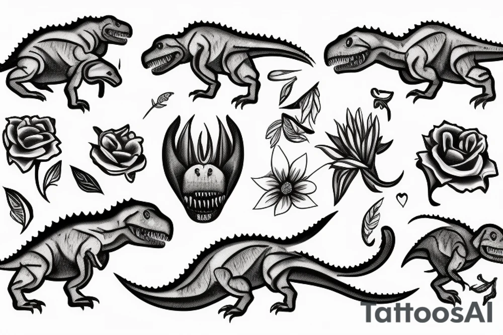 t-rex, flower, in arm tattoo idea