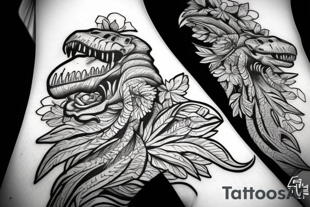 t-rex, flower, in arm tattoo idea
