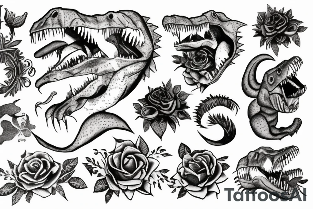 t-rex, flower, in arm tattoo idea