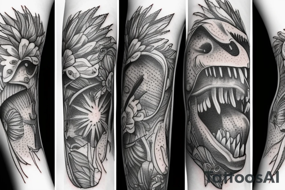 t-rex, flower, in arm tattoo idea