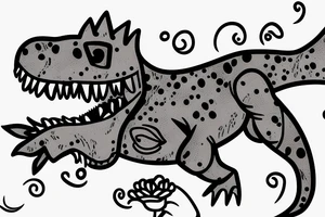 little t-rex with flower , in arm tattoo idea