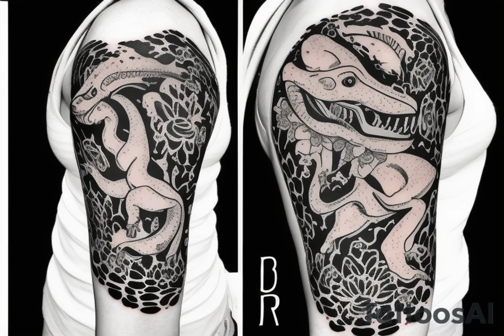 little t-rex with flower , in arm tattoo idea little t-rex with flower , in arm tattoo idea