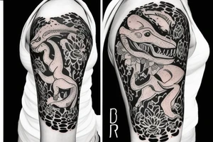 little t-rex with flower , in arm tattoo idea