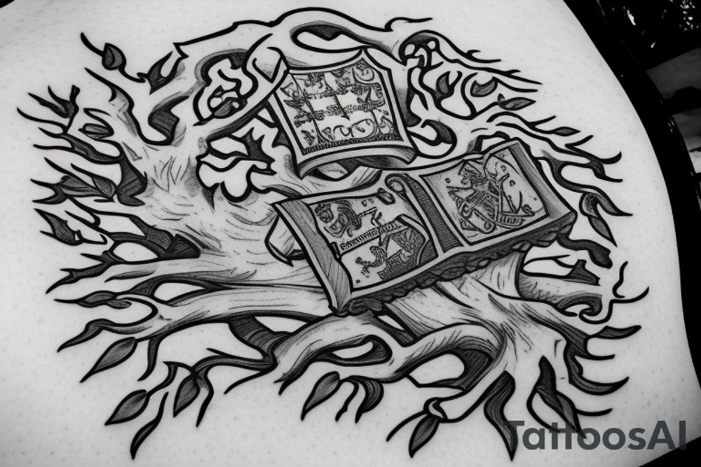 an oak tree with a warrior coat of arms in the middle of the trunk tattoo idea