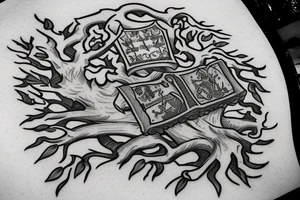 an oak tree with a warrior coat of arms in the middle of the trunk tattoo idea