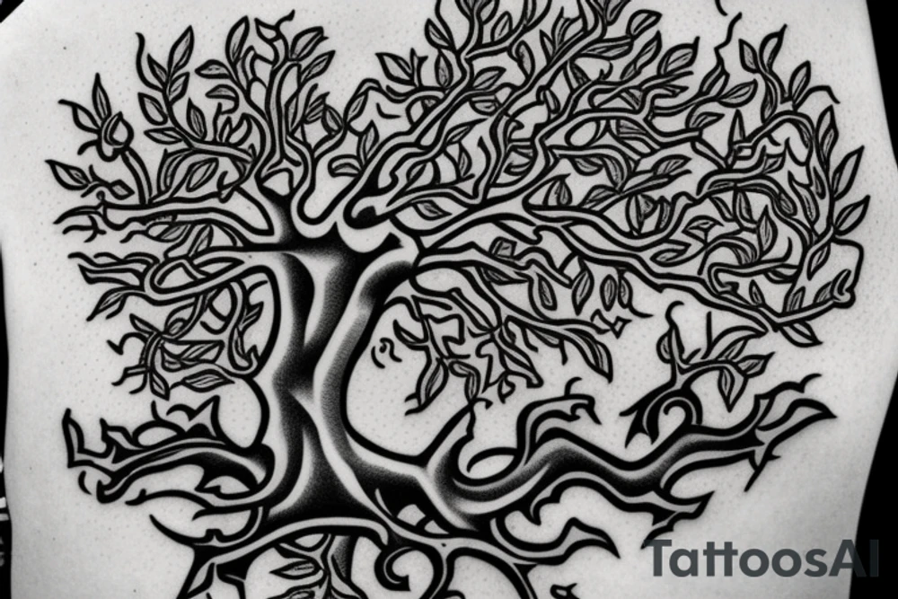 an oak tree with a warrior coat of arms in the middle of the trunk tattoo idea