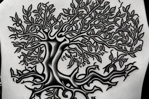 an oak tree with a warrior coat of arms in the middle of the trunk tattoo idea