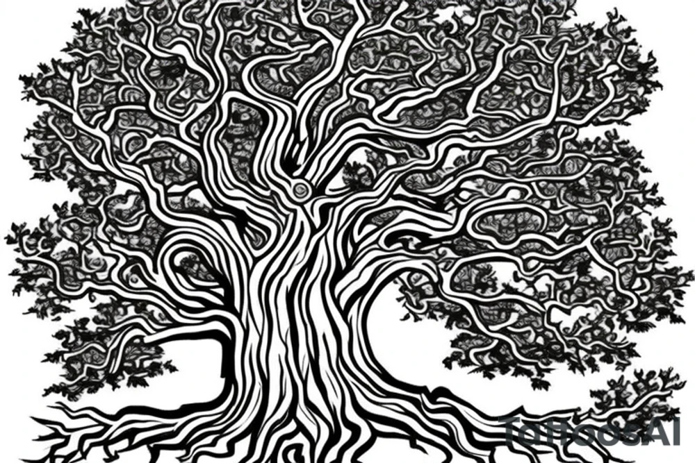 a tree which is a mix between yggdrassil and an oak tree with a warrior coat of arms in the middle of the trunk tattoo idea