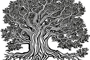 a tree which is a mix between yggdrassil and an oak tree with a warrior coat of arms in the middle of the trunk tattoo idea
