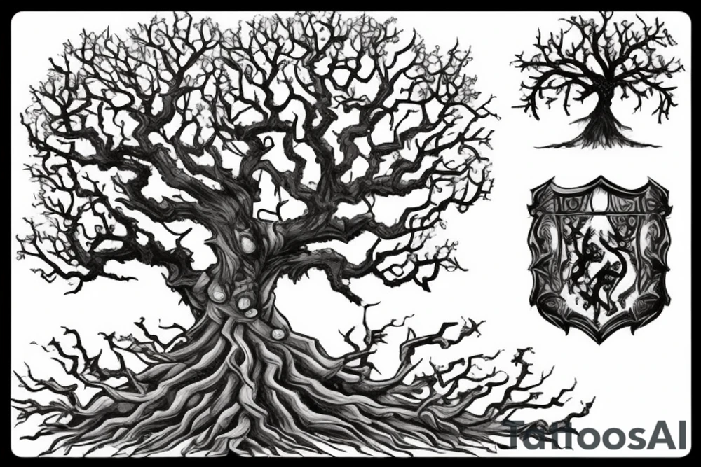 a tree which is a mix between yggdrassil and an oak tree with a warrior coat of arms in the middle of the trunk tattoo idea