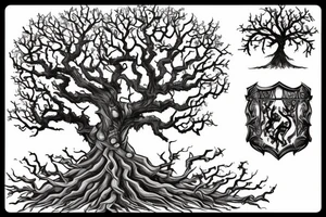 a tree which is a mix between yggdrassil and an oak tree with a warrior coat of arms in the middle of the trunk tattoo idea