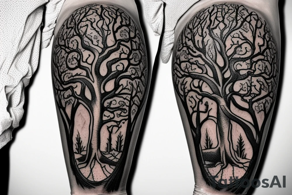 a tree which is a mix between yggdrassil and an oak tree with a warrior coat of arms in the middle of the trunk tattoo idea