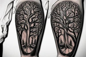 a tree which is a mix between yggdrassil and an oak tree with a warrior coat of arms in the middle of the trunk tattoo idea
