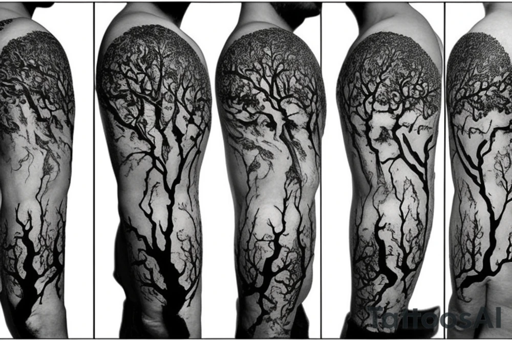a tree which is a mix between yggdrassil and an oak tree with a warrior coat of arms in the middle of the trunk tattoo idea