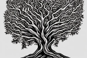 a tree which is a mix between yggdrassil and an oak tree with a warrior coat of arms in the middle of the trunk tattoo idea