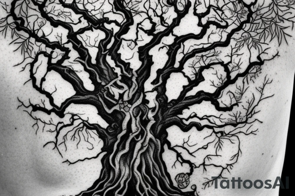 a tree which is a mix between yggdrassil and an oak tree with a warrior coat of arms in the middle of the trunk tattoo idea