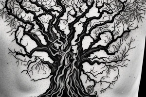 a tree which is a mix between yggdrassil and an oak tree with a warrior coat of arms in the middle of the trunk tattoo idea