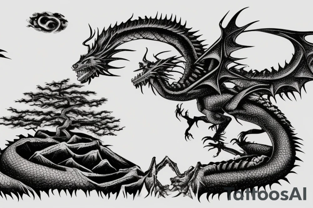 A single really big and scary dragon above a bonsai tree on a cliff. tattoo idea