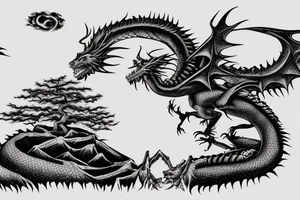 A single really big and scary dragon above a bonsai tree on a cliff. tattoo idea