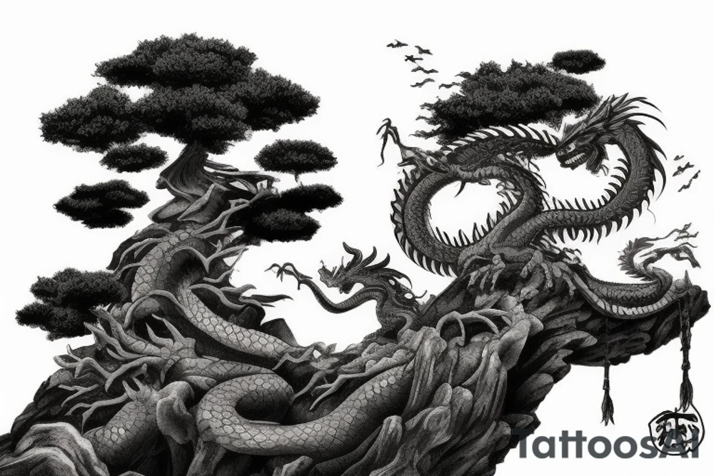 A single really big and scary dragon above a bonsai tree on a cliff. tattoo idea