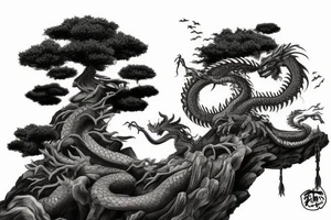 A single really big and scary dragon above a bonsai tree on a cliff. tattoo idea