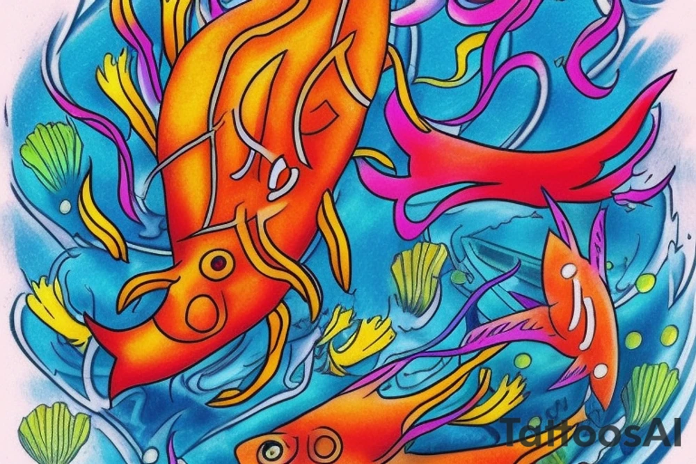 I want a tattoo of a man diving into a pool filled with colorful fish. The man should be wearing scuba gear, and the pool should be surrounded by coral reef. I want the colors to be vibrant and lively, as if they are coming out from beneath the water's surface. I also want the tattoo to have an air of adventure and exploration tattoo idea