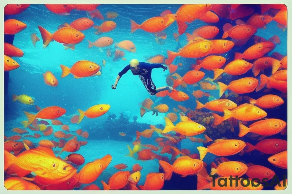 I want a tattoo of a man diving into a pool filled with colorful fish. The man should be wearing scuba gear, and the pool should be surrounded by coral reef. I want the colors to be vibrant and lively, as if they are coming out from beneath the water's surface. I also want the tattoo to have an air of adventure and exploration tattoo idea