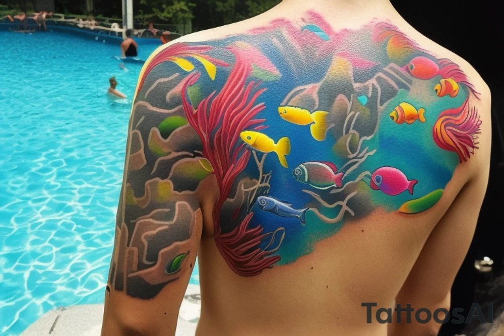 I want a tattoo of a man diving into a pool filled with colorful fish. The man should be wearing scuba gear, and the pool should be surrounded by coral reef. I want the colors to be vibrant and lively, as if they are coming out from beneath the water's surface. I also want the tattoo to have an air of adventure and exploration tattoo idea