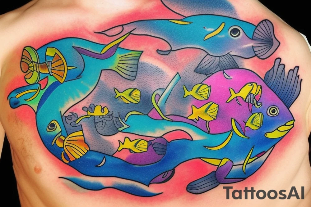 I want a tattoo of a man diving into a pool filled with colorful fish. The man should be wearing scuba gear, and the pool should be surrounded by coral reef. I want the colors to be vibrant and lively, as if they are coming out from beneath the water's surface. I also want the tattoo to have an air of adventure and exploration tattoo idea