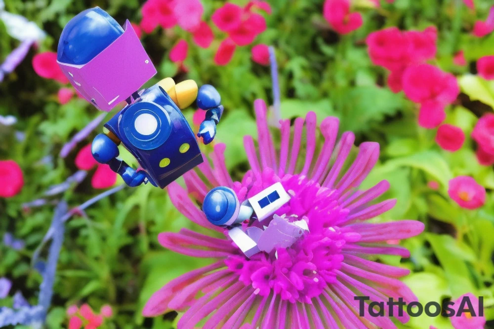 a little robot observing a flower in full bloom

I'm looking at the flower, its petals unfolding in a beautiful display of vibrant colors. I can't help but admire the intricacy of this creation and feel a sense of awe as I am reminded that something so small can have such an impact on the world around it. The little robot stands transfixed, studying the intricate details of this masterpiece tattoo idea