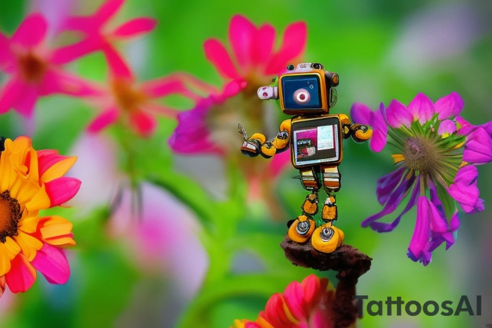 a little robot observing a flower in full bloom

I'm looking at the flower, its petals unfolding in a beautiful display of vibrant colors. I can't help but admire the intricacy of this creation and feel a sense of awe as I am reminded that something so small can have such an impact on the world around it. The little robot stands transfixed, studying the intricate details of this masterpiece tattoo idea